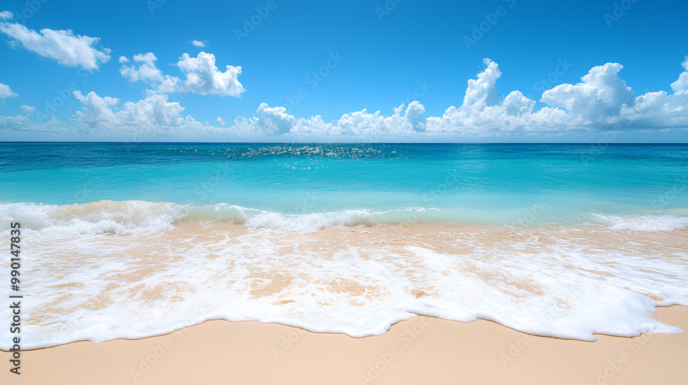 Fototapeta premium A serene beach scene with clear blue waters and gentle waves under a bright sky.