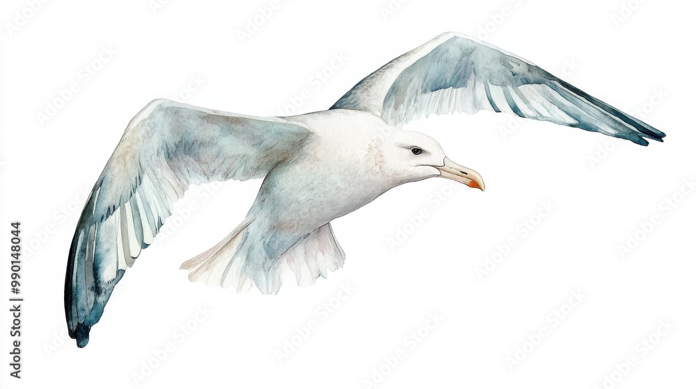 Obraz premium A graceful seagull soaring through the sky, showcasing its wings in a light-filled coastal environment
