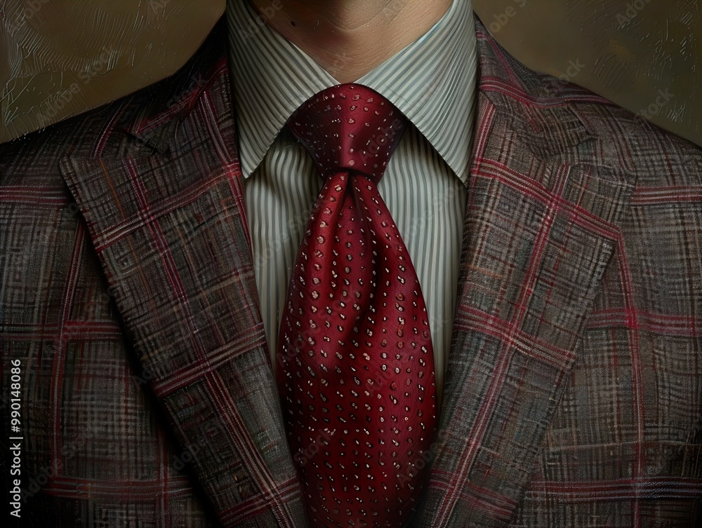 Close Up of a Man Wearing a Plaid Suit and a Red Tie Close Up of a Man Wearing a Plaid Suit and a Red Tie