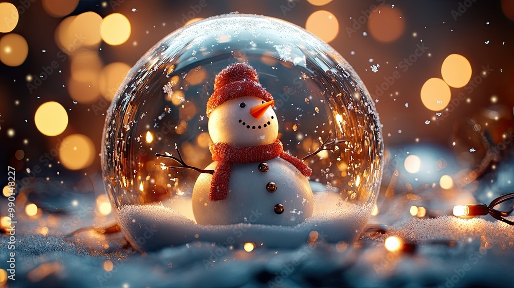 Obraz premium A snowstorm rages inside a glass globe, with a snowman standing at the center. The background sparkles with glowing bokeh lights, creating a warm holiday atmosphere.