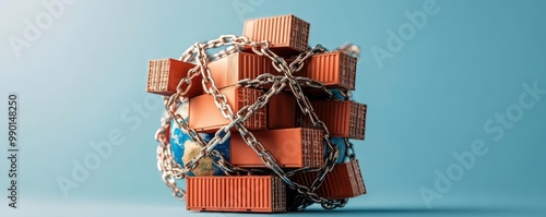A globe wrapped in chains of tariff signs and duties, symbolizing trade barriers and global limitations, Trade barrier, Duties and restrictions in global commerce