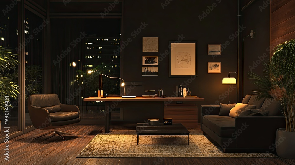 A stylish dark office interior with a modern workplace, sleek desk, cozy sofa, and glowing lamps, creating a warm, moody atmosphere perfect for late-night productivity. A stylish dark office interior with a modern workplace, sleek desk, cozy sofa, and glowing lamps, creating a warm, moody atmosphere perfect for late-night productivity.