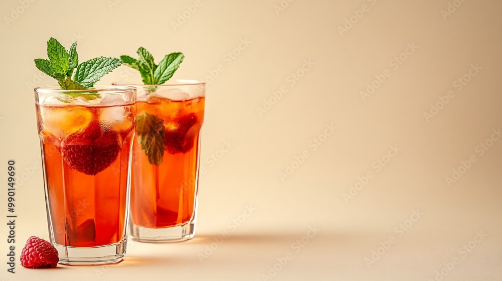 Two glasses of red iced tea with mint and raspberries on a beige background. Two glasses of red iced tea with mint and raspberries on a beige background.