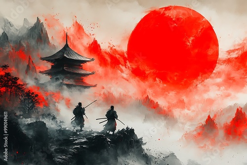 Paintings using watercolors ink, samurai standing in waterfall garden with swords on the ground, digital art style