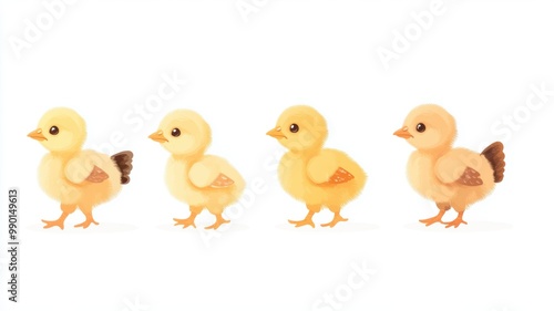 Cute Baby Chicks Pecking and Walking Isolated on White