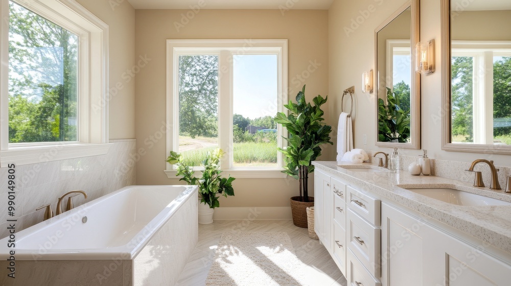 Fototapeta premium Relax and unwind in this spacious bathroom with a large soaking tub, double vanity, and natural light streaming through windows. Enjoy a peaceful retreat with elegant fixtures and a serene atmosphere.