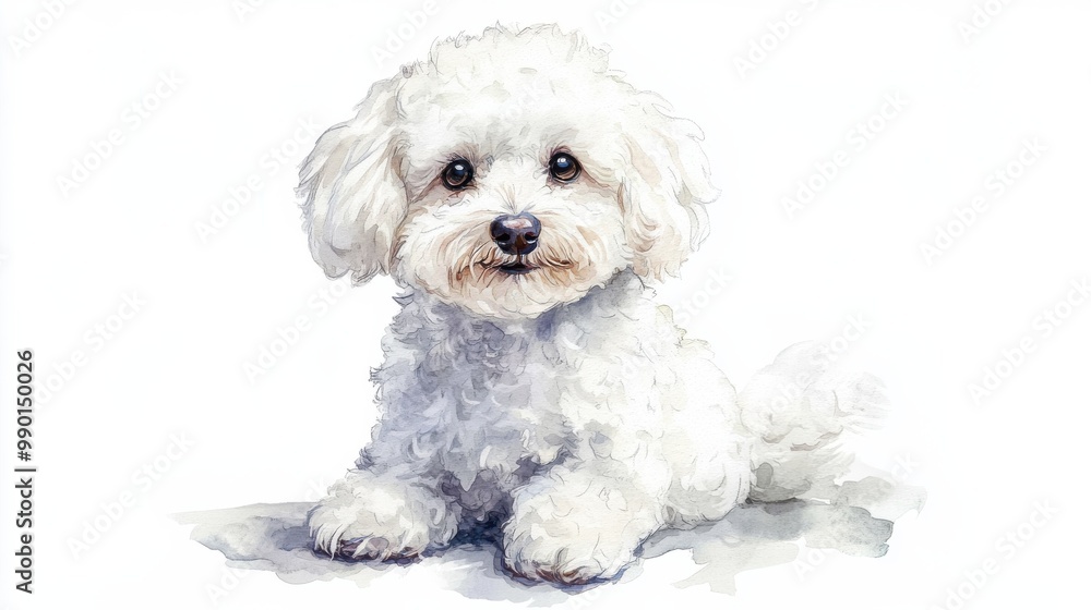 A fluffy white dog with curly fur sitting comfortably against a white background on a sunny day A fluffy white dog with curly fur sitting comfortably against a white background on a sunny day