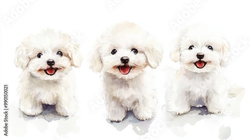 Three playful fluffy white puppies sitting together, happily engaging with each other in a bright and cheerful environment