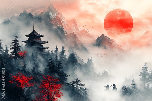 Japanese Ink Painting Style Illustration