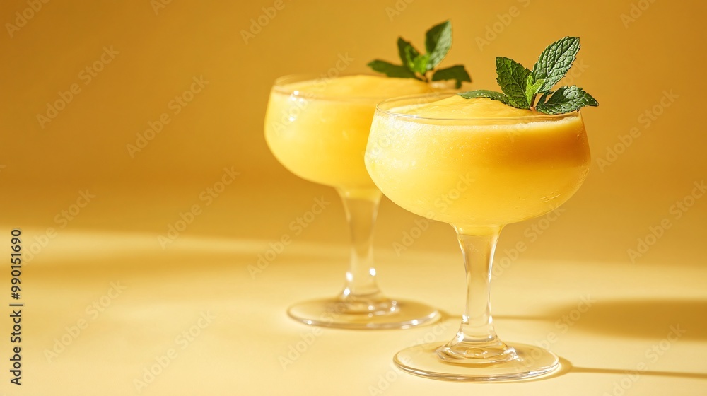 Two glasses of yellow smoothie with mint garnish on a yellow background. Two glasses of yellow smoothie with mint garnish on a yellow background.