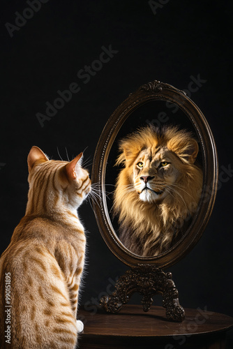 Confident Cat Looking in the Mirror Seeing a Lion. Motivational kitty feeling strong and believing in personal growth