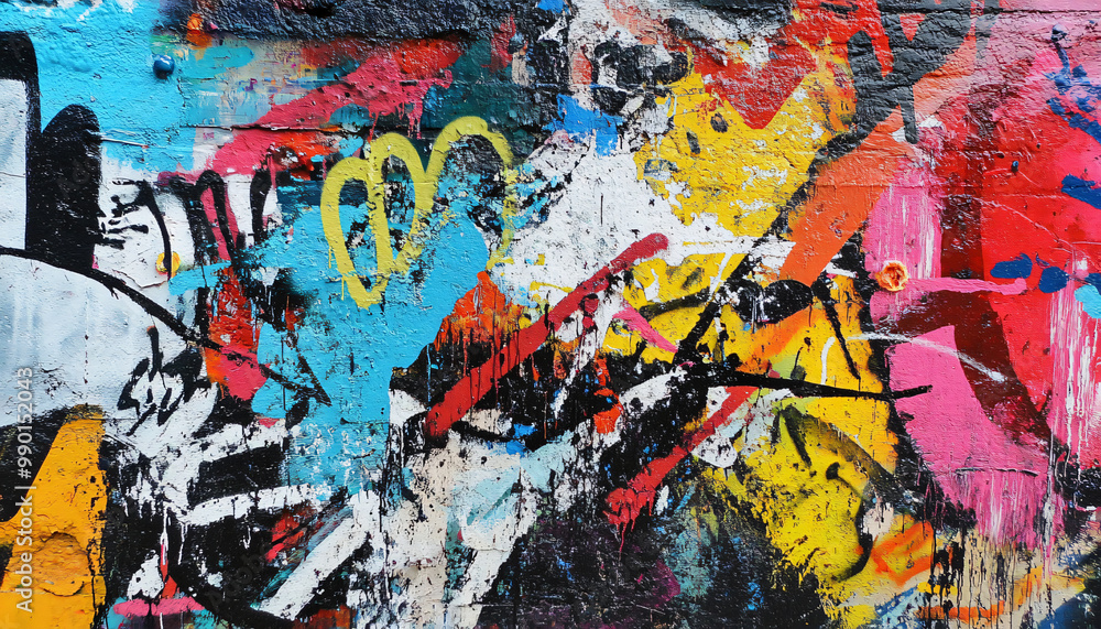 Fototapeta premium A graffiti-covered urban wall, showcasing vibrant colors, bold lines, and an edgy, artistic vibe