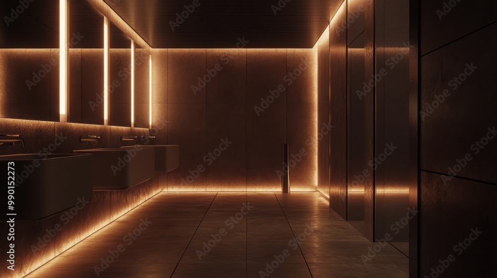 Fototapeta premium Sleek modern bathroom with ambient lighting and minimalist design in an upscale venue at night