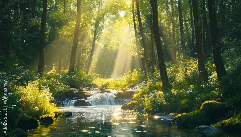 Sunlight Streaming Through a Forest Canopy Illuminating a Gentle Stream Surrounded by Wildflowers Sunlight Streaming Through a Forest Canopy Illuminating a Gentle Stream Surrounded by Wildflowers
