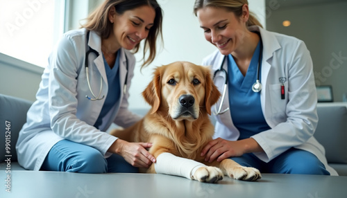 Veterinarians treating a small wound on a foreleg of a golden retriever dog, wrapping dog’s paw in bandage, pet on a checkup visit in veterinary clinic  photo