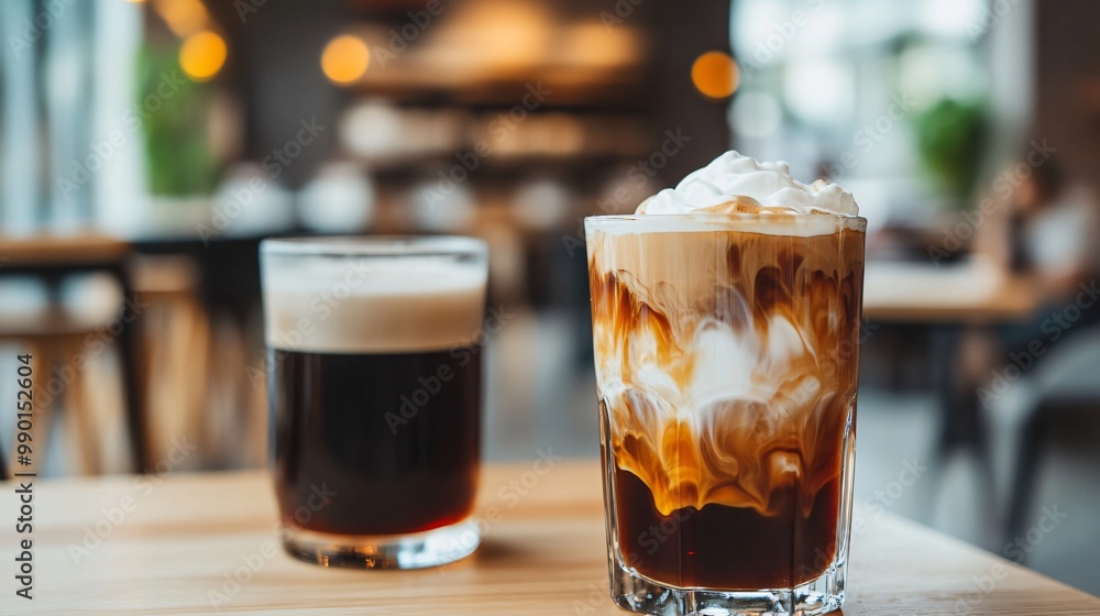 Two iced coffees, one with whipped cream, on a wooden table in a cafe. Two iced coffees, one with whipped cream, on a wooden table in a cafe.