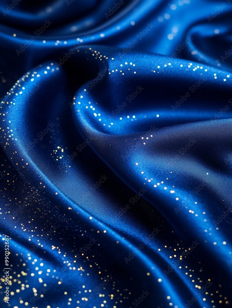 Fototapeta premium Shimmering Blue Fabric with Glittering Particles - A luxurious blue satin fabric with a subtle sheen, decorated with tiny sparkling particles. This image evokes a sense of elegance, sophistication, a