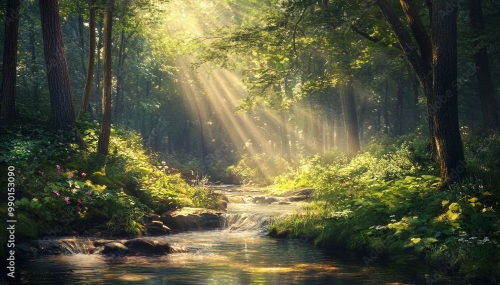 Tranquil Forest Stream with Moss-Covered Rocks and Sunlight Filtering Through the Lush Greenery Tranquil Forest Stream with Moss-Covered Rocks and Sunlight Filtering Through the Lush Greenery