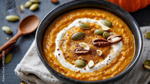 Pumpkin porridge with cinnamon and pumpkin seeds.