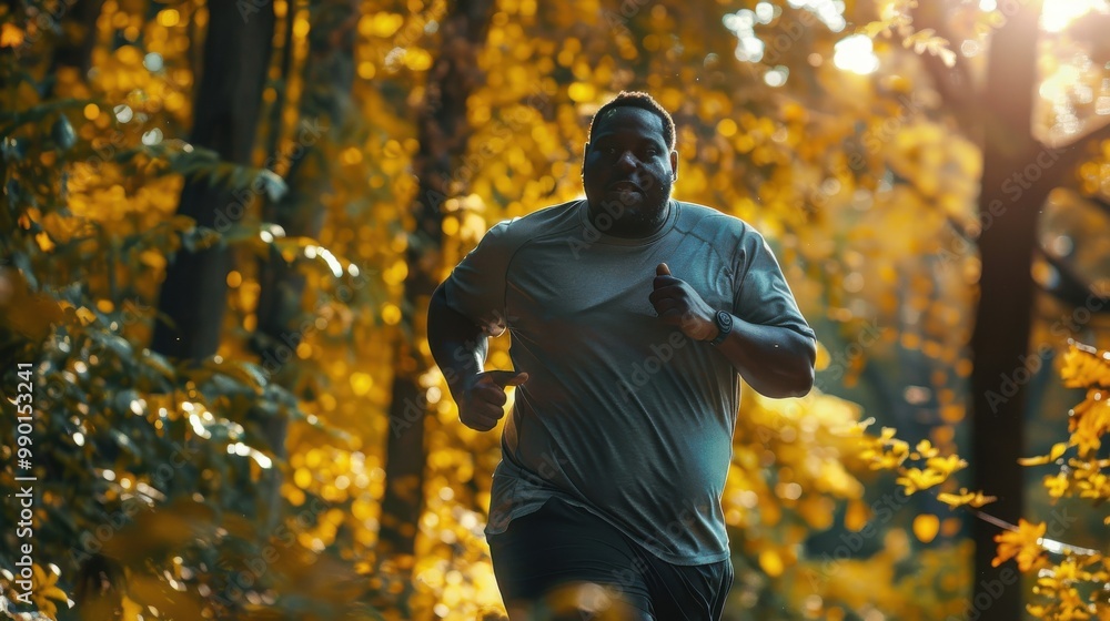 A man is running through a forest with leaves on the ground A man is running through a forest with leaves on the ground