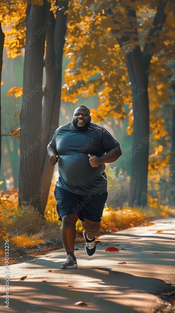 Fototapeta premium A man is running in a park with trees in the background