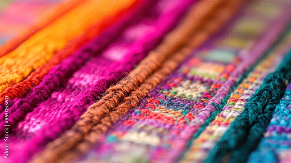 Fototapeta premium Colorful threads woven together showcase intricate patterns on textiles displayed in soft light at a craft market
