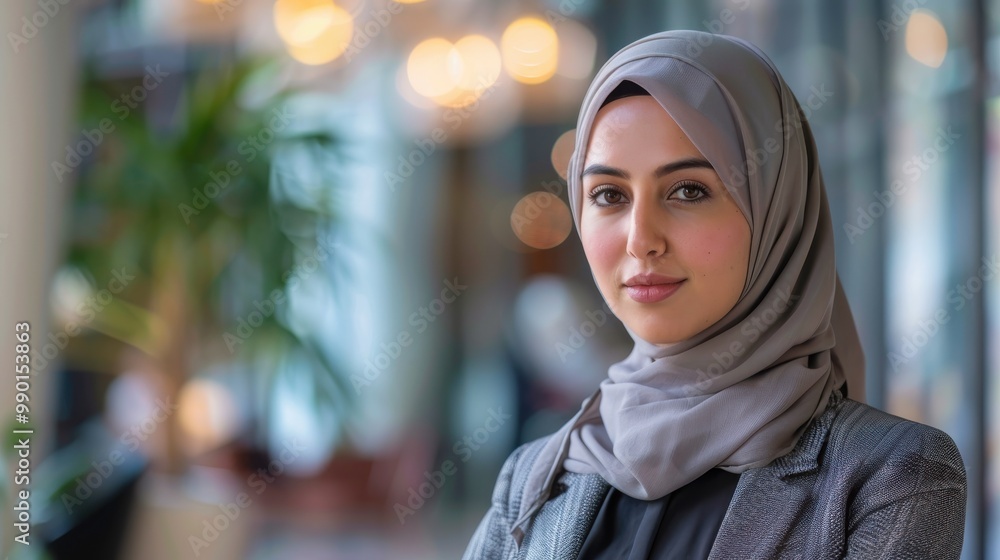 A woman wearing a grey scarf and a black jacket is smiling for the camera A woman wearing a grey scarf and a black jacket is smiling for the camera