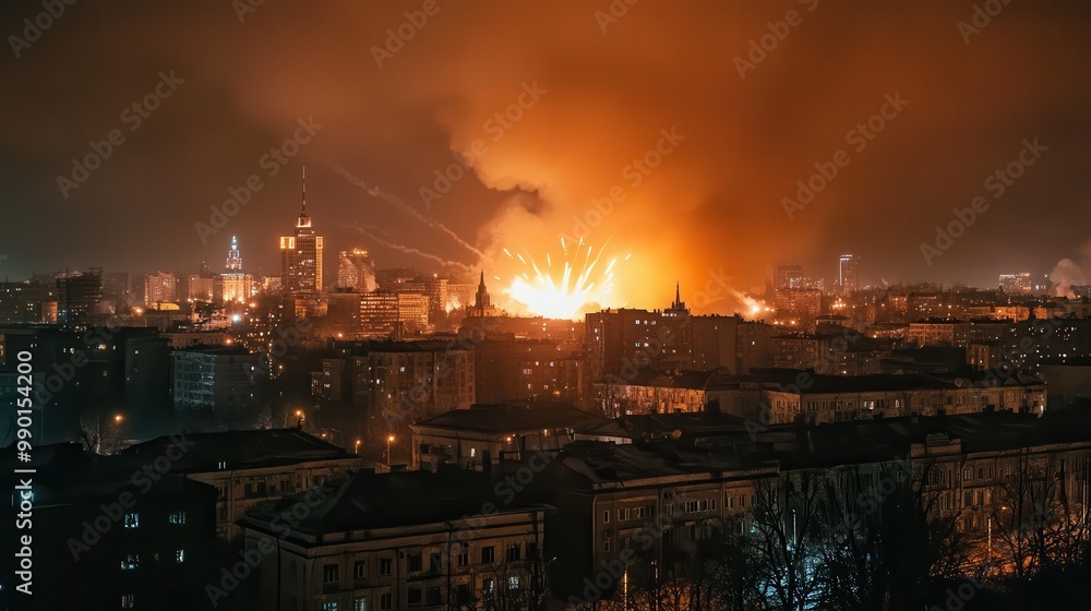 Fototapeta premium Dramatic explosion lights up city skyline at night amidst urban chaos and destruction from recent conflict