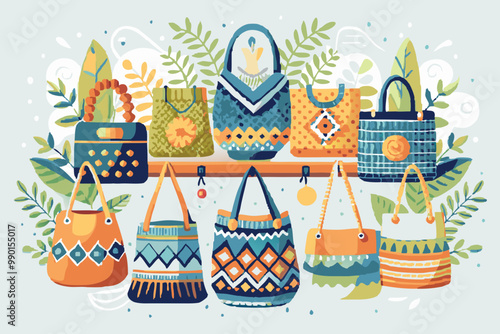 Colorful Assortment of Illustrated Eco-Friendly Bags with Botanical Elements