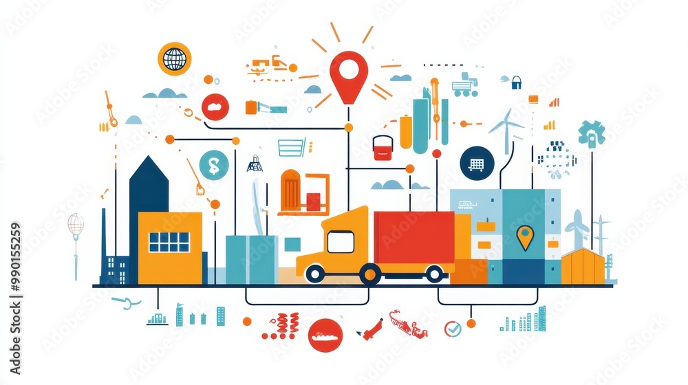 Fototapeta premium Infographic illustrating logistics and supply chain management with delivery truck, buildings, and icons of global trade and transportation
