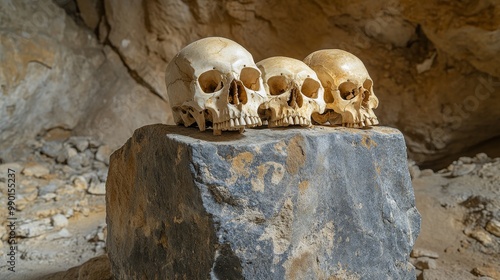 Three ancient human skulls rest upon a stone in a dark cave, a reminder of the passage of time and the mysteries of the past.