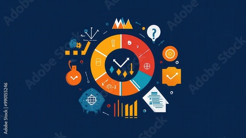 Colorful infographic illustrating data analysis concepts, featuring charts, icons, and symbols against a blue background in a modern design