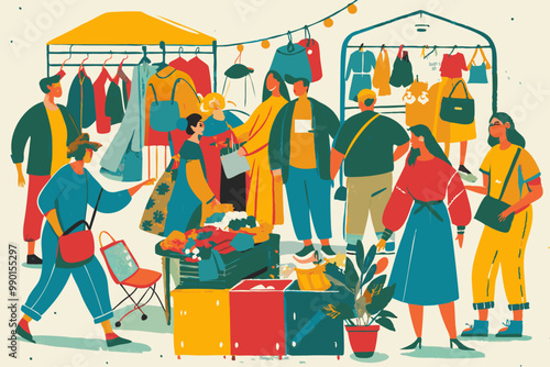Bustling Outdoor Flea Market Scene with Diverse Shoppers and Vendors
