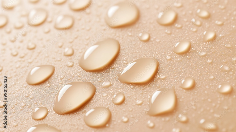 Close up of water drops on beige background. The water droplets and beige colored abstract banner could work for a cosmetic, beauty or spa concept. Close up of water drops on beige background. The water droplets and beige colored abstract banner could work for a cosmetic, beauty or spa concept.