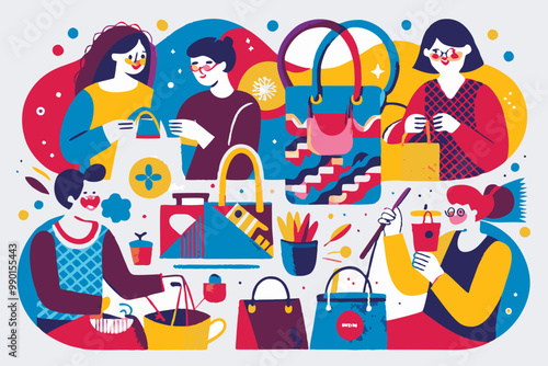 Colorful Illustration of People Enjoying a Shopping Spree