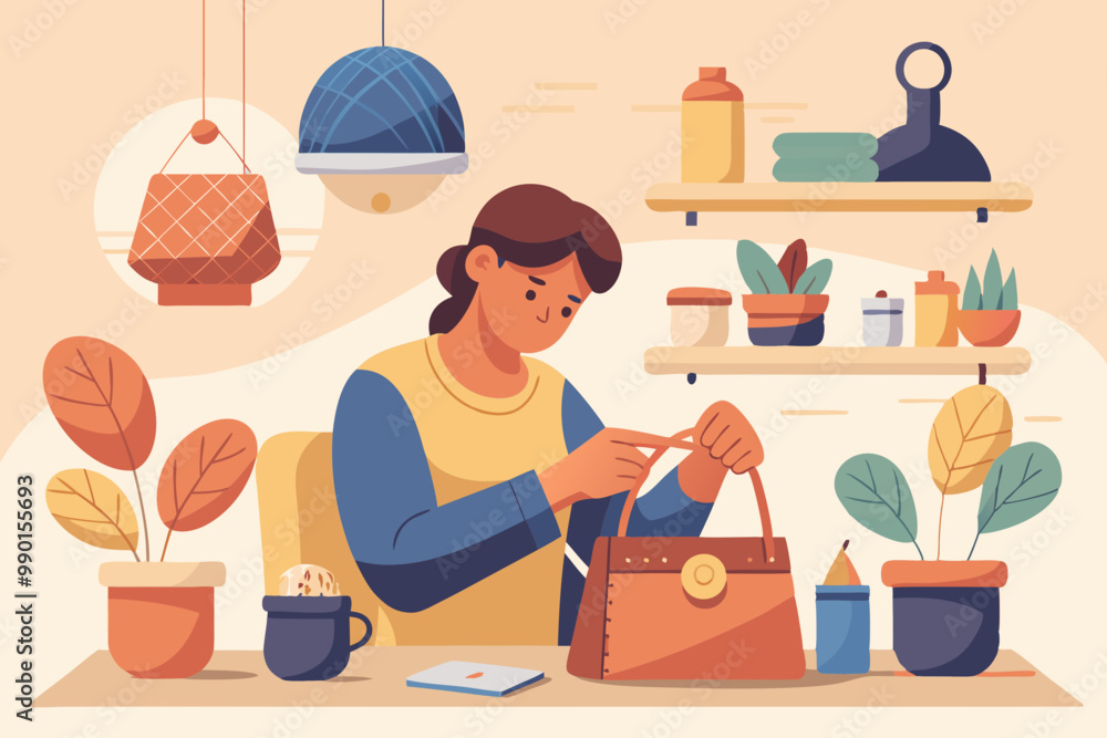Creative Woman Sewing Handbag at Cozy Craft Table Creative Woman Sewing Handbag at Cozy Craft Table