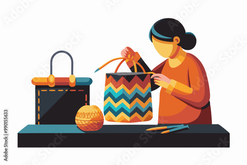 Artisan Woman Crafting Traditional Woven Handbags