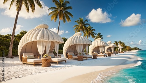  tropical beach scene featuring three uniquely designed cabanas with intricately curved, shell-like roofs that seem to mirror the natural curves of the ocean's waves