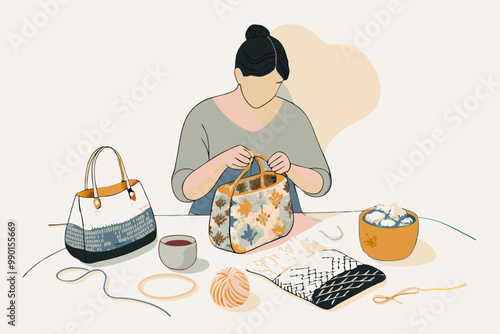 Crafty Woman Sewing Floral Handbag at Home Workspace