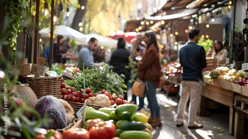 Vibrant Urban Farm Market Abuzz with Local Produce Handmade Goods and City Dweller Activity