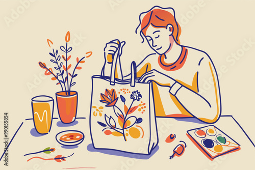 Creative Woman Painting on Eco-Friendly Tote Bag at Home photo