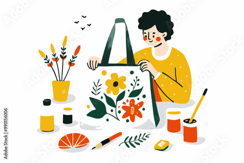 Cheerful Artist Painting Colorful Floral Canvas in Studio