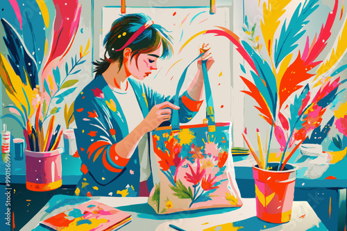 Vibrant Artist Painting Colorful Floral Artwork in Studio