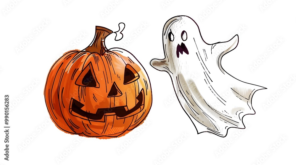 Cartoon-style jack-o'-lantern and floating ghost.This playful design captures the festive essence of Halloween, making it perfect for seasonal decorations, party invitations, and children’s activities Cartoon-style jack-o'-lantern and floating ghost.This playful design captures the festive essence of Halloween, making it perfect for seasonal decorations, party invitations, and children’s activities