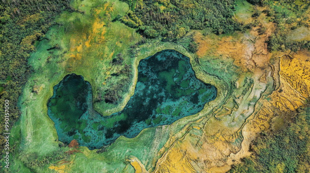 Naklejka premium Aerial view of vibrant, natural landscape featuring unique, irregularly shaped lake surrounded by lush greenery and colorful terrain. scene evokes sense of tranquility and connection to nature