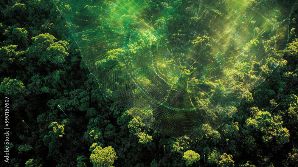 Fototapeta premium Aerial view of dense forest with radar technology mapping area, showcasing vibrant green trees and advanced technology. scene reflects harmony between nature and innovation