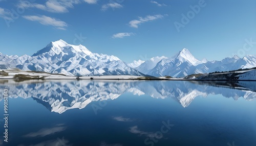 Breathtaking reflection of majestic snow-capped mountain in tranquil lake under clear blue skies, showcasing serene beauty and grandeur of nature