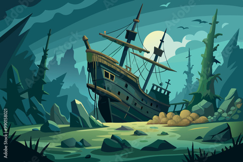 Old wooden ship sinking in swamp at night with green sky-