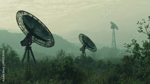 Mysterious radar technology towers stand tall amidst lush greenery, shrouded in mist. These structures play vital role in communication and surveillance, blending into serene landscape photo