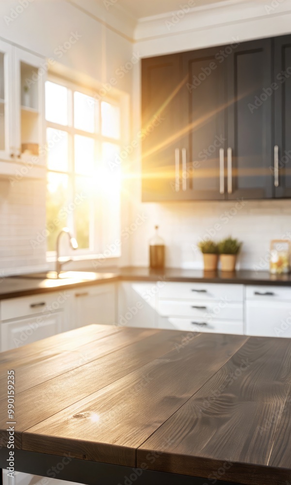 Fototapeta premium Sunlit modern kitchen with sleek white cabinets.